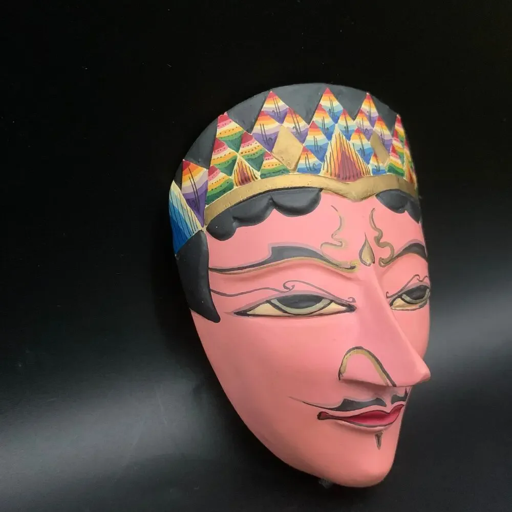 Vintage Indonesian Hand Carved Wood Pink Face Mask Wall Hanging Hand Painted